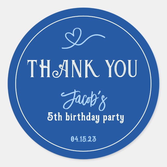 Sticker Rond Merci du Parti Anniversaire de enfant bleu de la M (Devant)