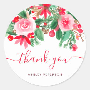 Sticker Rond Merci écriture rouge vert de Noël fleurs florales