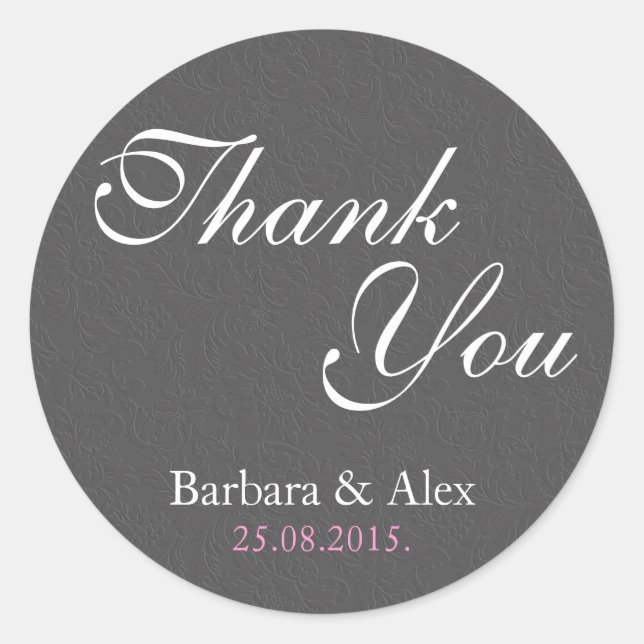 Sticker Rond Merci - Elegant Grey Damask (Devant)