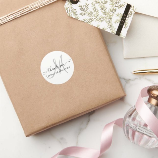 Sticker Rond Merci Elégante Typographie Chic noir blanc (Créateur téléchargé)