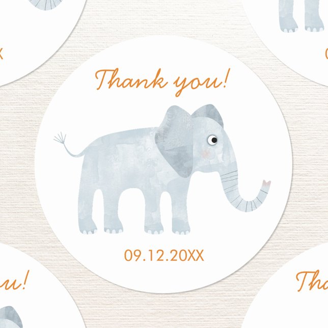 Sticker Rond Merci Eléphant Bébé mou Date (Cute baby elephant watercolor thank you sticker with date and custom text)