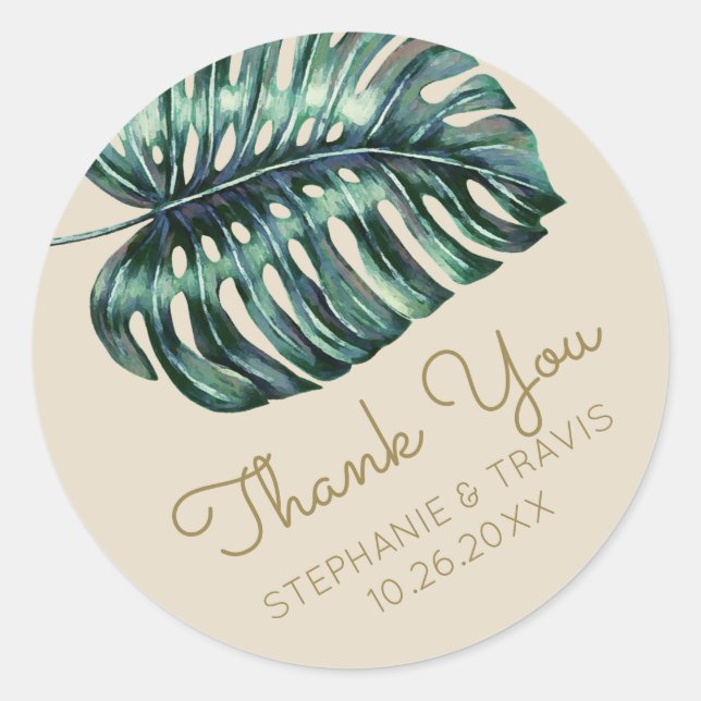 Sticker Rond Merci en feuille de palme de Monstera Tropical (Devant)