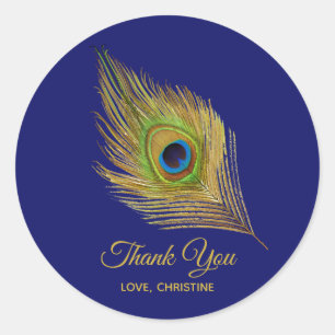 Sticker Rond Merci en plumes de paon d'or sur bleu marine