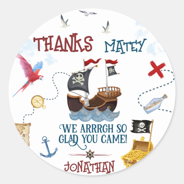 Sticker Rond Merci Enfants fête pirate Baby boy anniversaire (Devant)