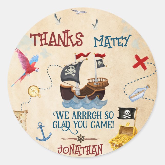 Sticker Rond Merci Enfants fête pirate Favoriser l'anniversaire (Devant)