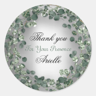 Sticker Rond Merci Eucalyptus Anniversaire Mariée Menthe Grise