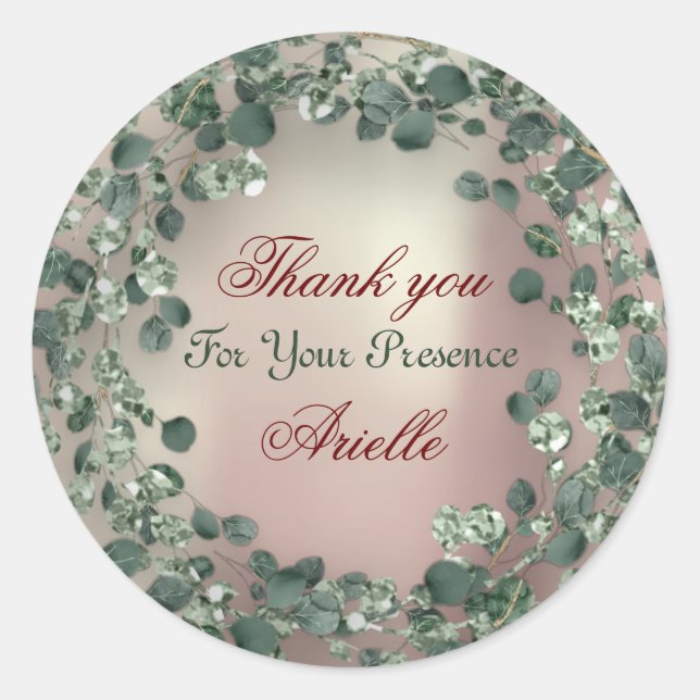 Sticker Rond Merci Eucalyptus Anniversaire Mariée Verdure Perle (Devant)