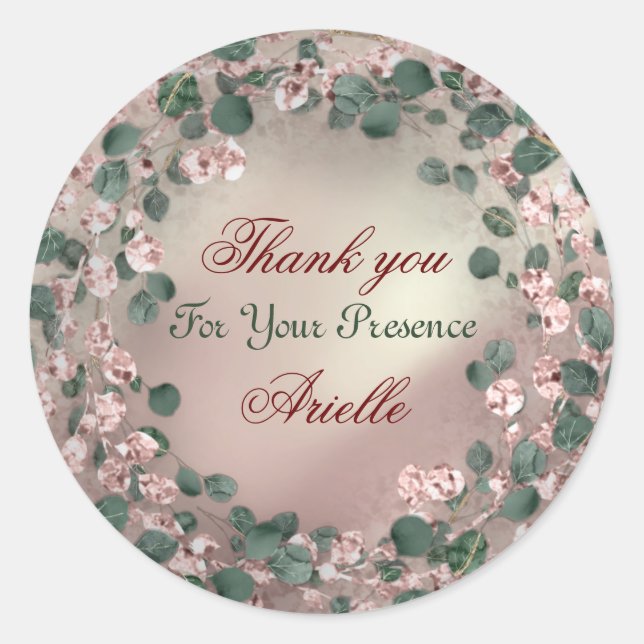 Sticker Rond Merci Eucalyptus Anniversaire Mariée Verdure Rose (Devant)