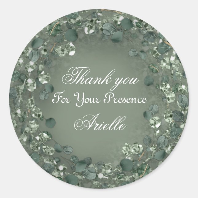 Sticker Rond Merci Eucalyptus Anniversaire Monnaie Vert Bois (Devant)
