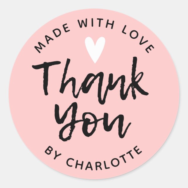 Sticker Rond Merci fait à la main avec amour rose (Devant)