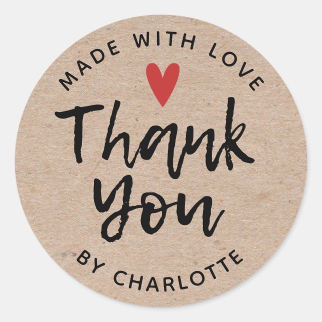 Sticker Rond Merci fait main avec amour rustique Kraft (Devant)