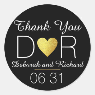 Sticker Rond merci . faux coeur or . mariage faveur noir