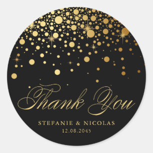 Sticker Rond Merci Faux Gold Foil Confetti Points   Noir