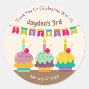 Sticker Rond Merci Favoriser Cupcakes Colorés Bunting Candles K