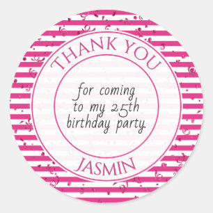 Sticker Rond Merci fête d'anniversaire Fuchsia/White Stripe