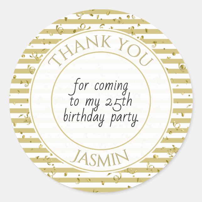 Sticker Rond Merci fête d'anniversaire Gold/White Stripe (Devant)