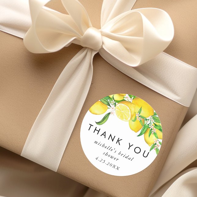 Sticker Rond Merci Fête des mariées citron aquarelle (Watercolor Lemon Bridal Shower Thank You Classic Round Sticker)