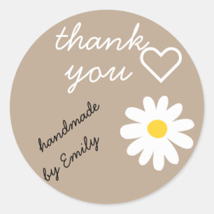 Sticker Rond Merci Fleur marguerite Nature Crème Beige Fait mai