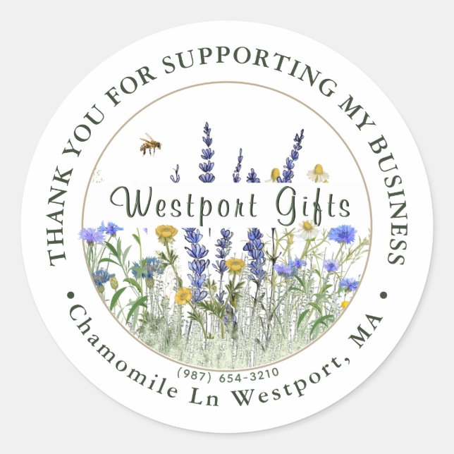 Sticker Rond Merci Fleur sauvage Dainty Pour Votre Entreprise (Devant)
