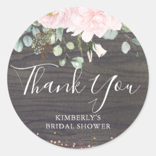 Sticker Rond Merci Fleurs roses Fête des mariées en bois rustiq