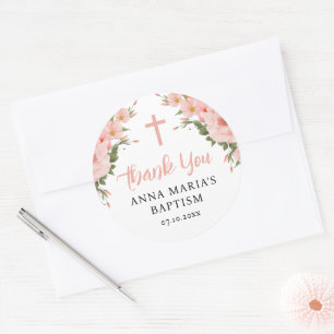 Sticker Rond Merci Fleurs Roses Fille Baptême