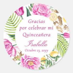 Sticker Rond Merci Fleurs Roses Pivoines Espagnol Quinceañera 