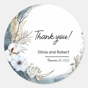 Sticker Rond Merci Floral Boho Beige Bleu