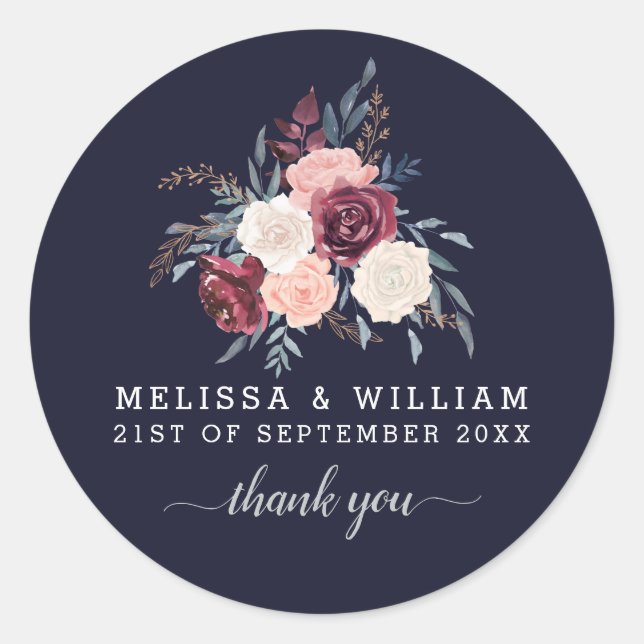 Sticker Rond Merci Floral Bourgogne Mariage (Devant)