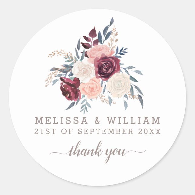 Sticker Rond Merci Floral Bourgogne Mariage Ivory (Devant)