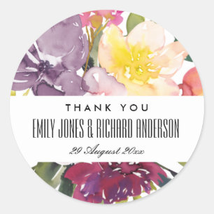 STICKER ROND MERCI FLORAL BURGUNDY JAUNE LUMINEUX BLANC