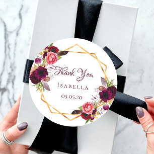 Sticker Rond Merci floral couleur eau or bordeaux