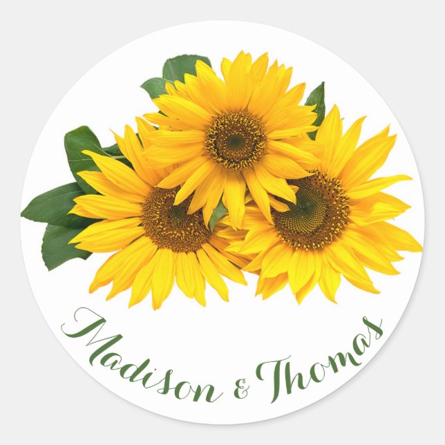 Sticker Rond Merci Floral Fleurs de soleil Jaune et Mariage ver (Devant)