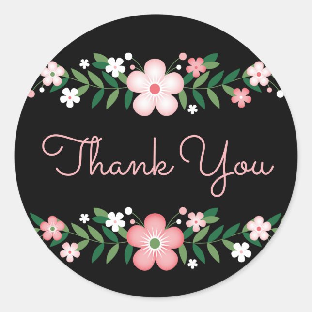 Sticker Rond Merci Floral Noir Et Fleurs Roses Mariage (Devant)