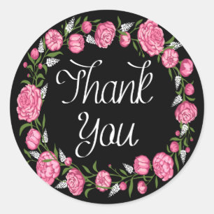 Sticker Rond Merci floral rose pivoine noire Mariage