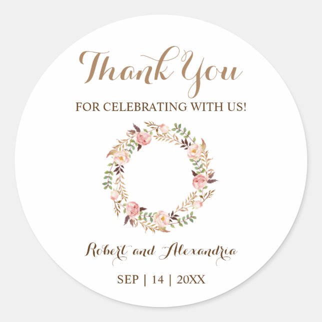 Sticker Rond Merci floral rose pour Mariage à venir (Devant)