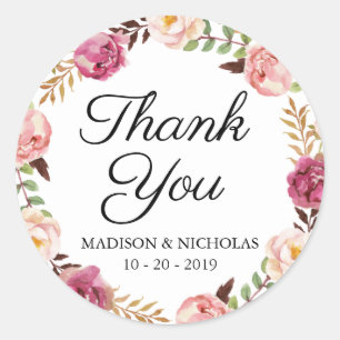 Sticker Rond Merci floral rose rustique d'autocollants de