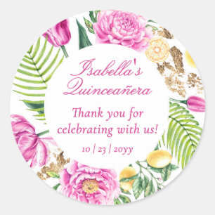 Sticker Rond Merci Floral Roses Pêches Quinceañera 