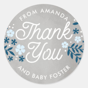 Sticker Rond Merci Folky Floral Blue Baby shower Favoriser