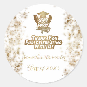 Sticker Rond Merci Gold Parties scintillant & White Graduation 