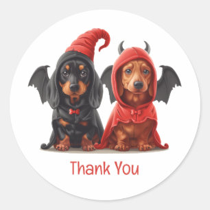 Sticker Rond Merci Halloween Dachshund Chiens Devil Bat