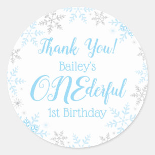 Sticker Rond Merci Hiver ONEderland Blue Silver Snowflakes