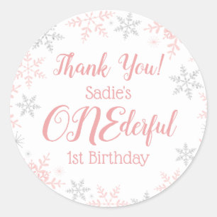 Sticker Rond Merci Hiver ONEderland Pink Silver Snowflakes