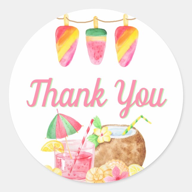 Sticker Rond Merci Ice Lolly Bunting Hawaiian Theme Party (Devant)