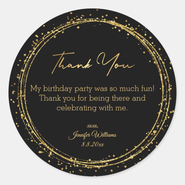 Sticker Rond merci joyeux anniversaire noir or parties scintill (Devant)