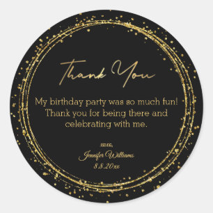 Sticker Rond merci joyeux anniversaire noir paillettes dorées 