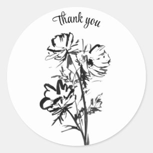 Sticker Rond Merci ligne d'encre noire dessin fleurs feuillage