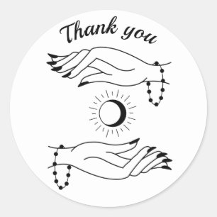 Sticker Rond Merci ligne noire dessin mains bracelet soleil