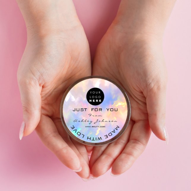 Sticker Rond Merci Logo Holographe Fabriqué Rose Bleu Nom (Thank Logo Holograph Made Pink Blue Name Classic Round Sticker)