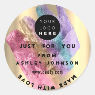 Sticker Rond Merci Logo Holographe Made Gold Blue Strokes Pink