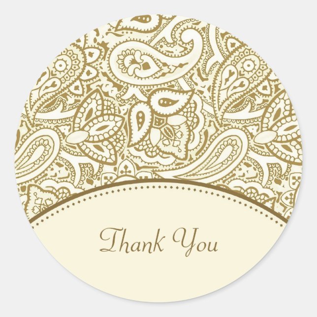 Sticker Rond Merci Luxe Or et ivoire Paisley Damask (Devant)